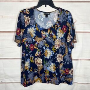 Antthony Original Top Womens Large Blue Floral Paisley Short Sleeve V-Neck Artsy